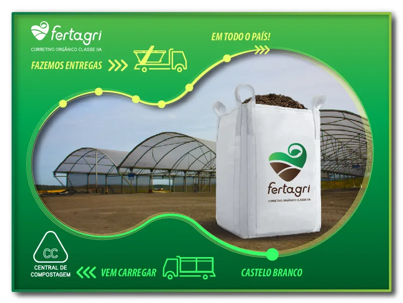 Fertagri, corretivo orgânico Classe IIA, em big bag à frente das estufas da Central de Compostagem de Castelo Branco. Fazemos entregas em todo o país.